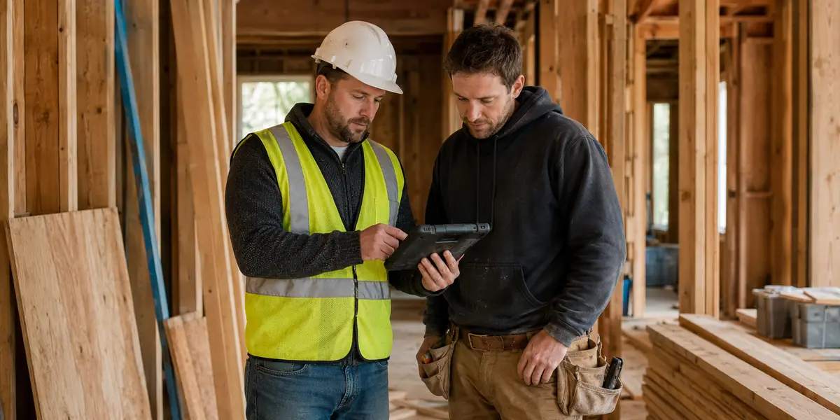 Contractors reviewing project details on a tablet at an active jobsite