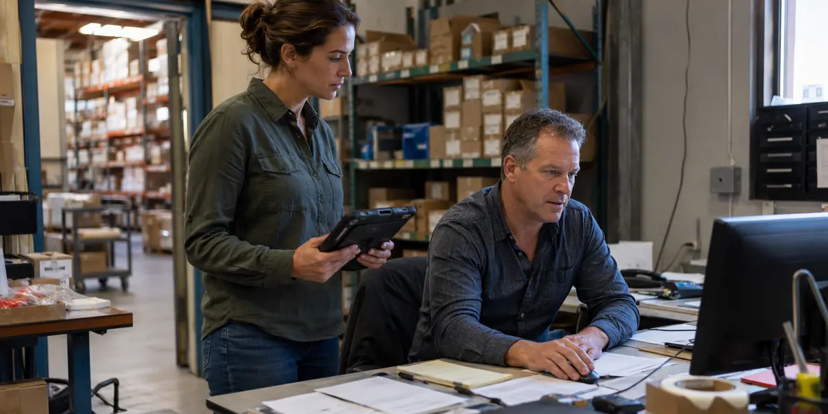 A company owner and operations manager coordinating inventory in a warehouse office