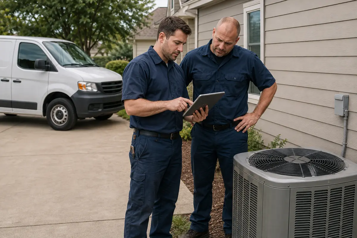 Residential service technicians reviewing a tablet beside an outdoor HVAC unit
