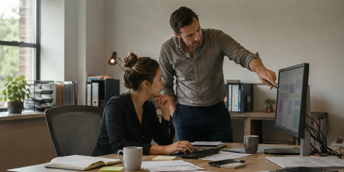 Two sales professionals reviewing a CRM together in a small-business office