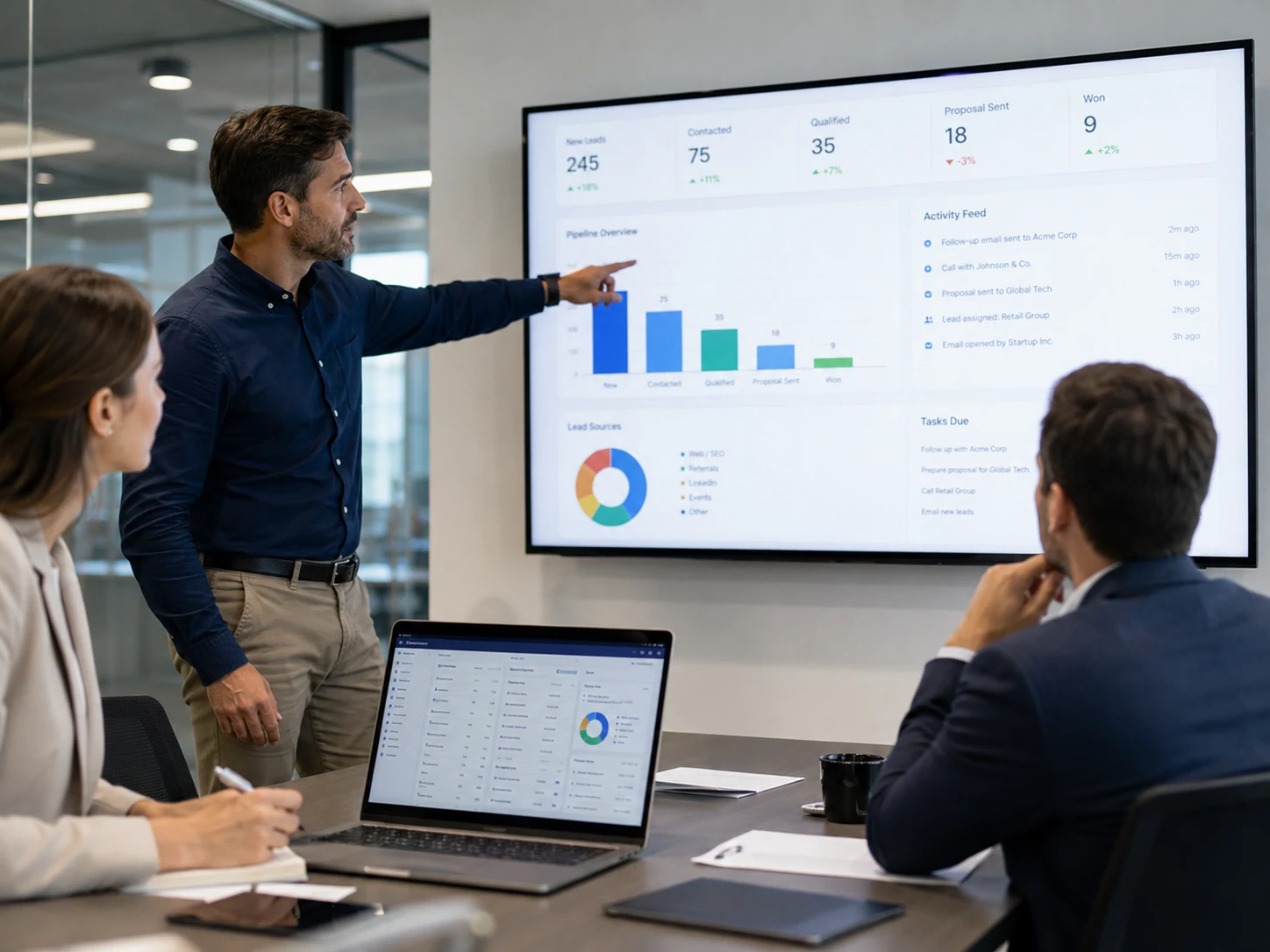 Sales team reviewing a CRM pipeline dashboard
