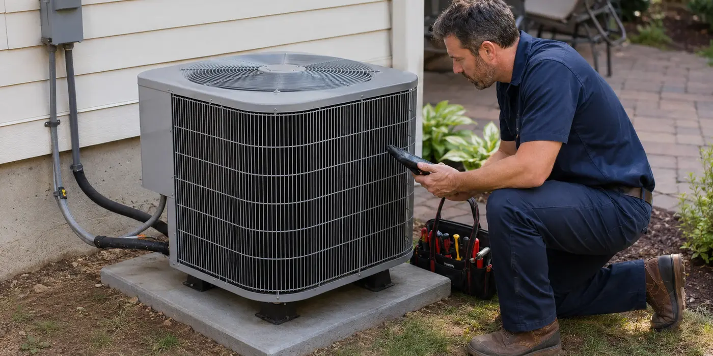 Residential HVAC technician inspecting an outdoor split-system condenser beside a home