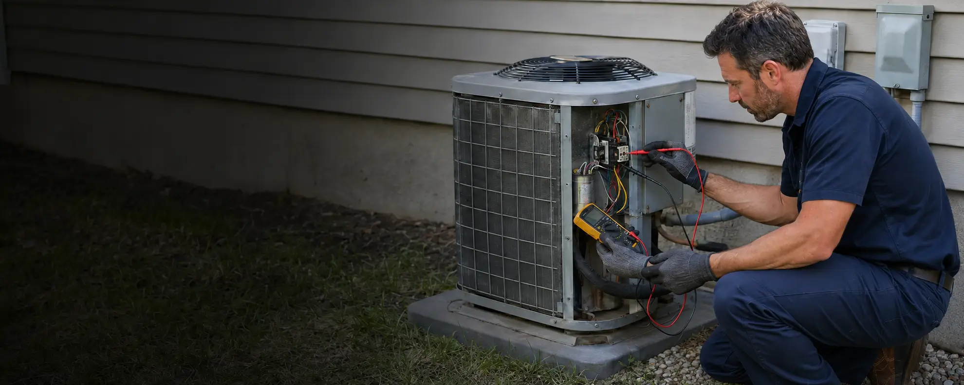 Residential HVAC technician using a multimeter inside an outdoor condenser service panel