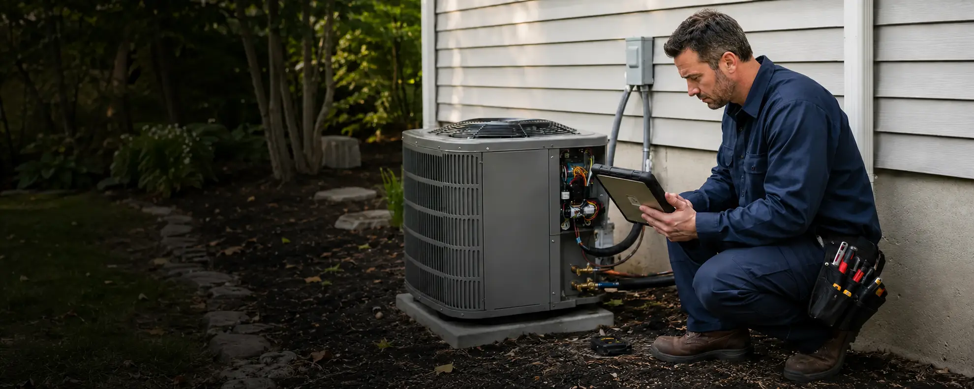 Residential HVAC technician using a rugged tablet beside an open outdoor condenser service panel